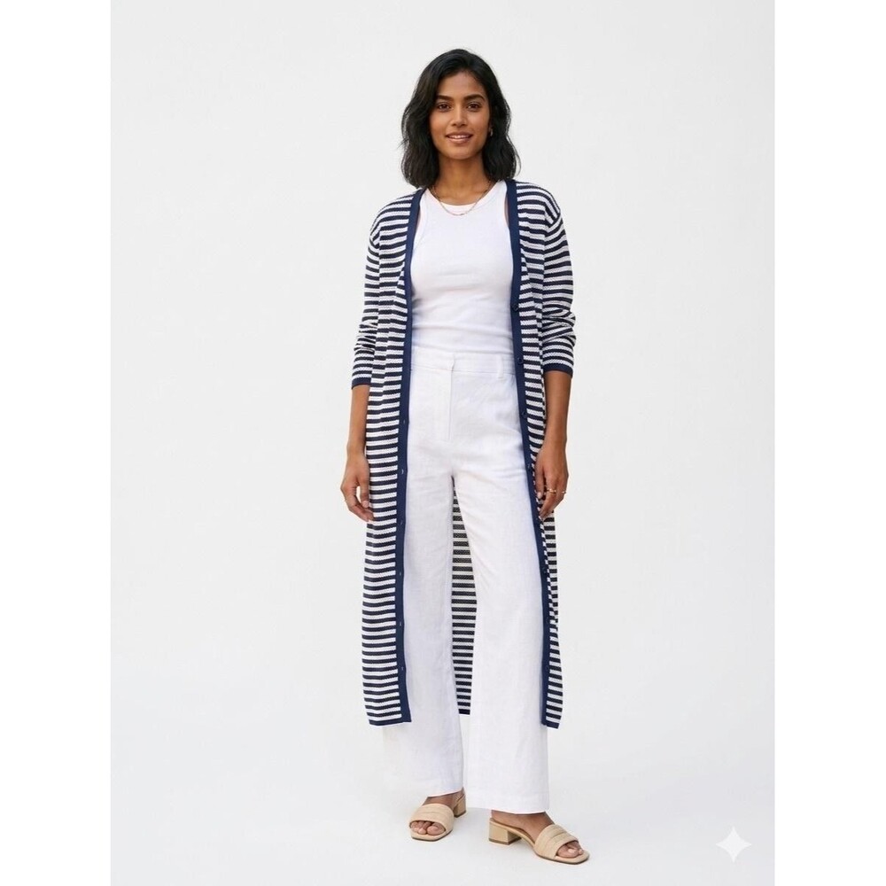 Zara Cardigan Sweater Womens L Blue White Striped Longline Duster Open Front